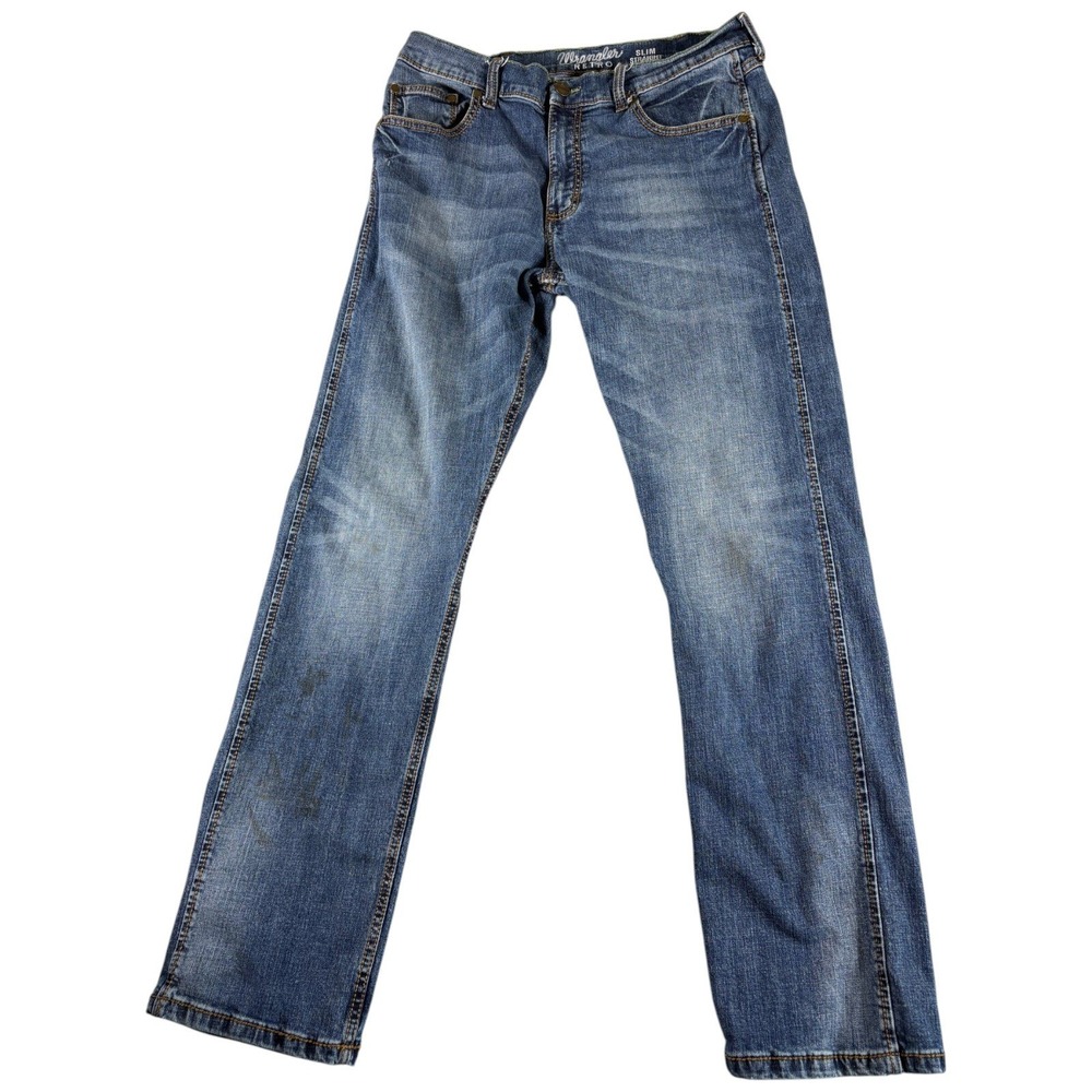 Wrangler Retro Jeans Mens 34x34 Blue Slim Straight Distressed Western Cowboy